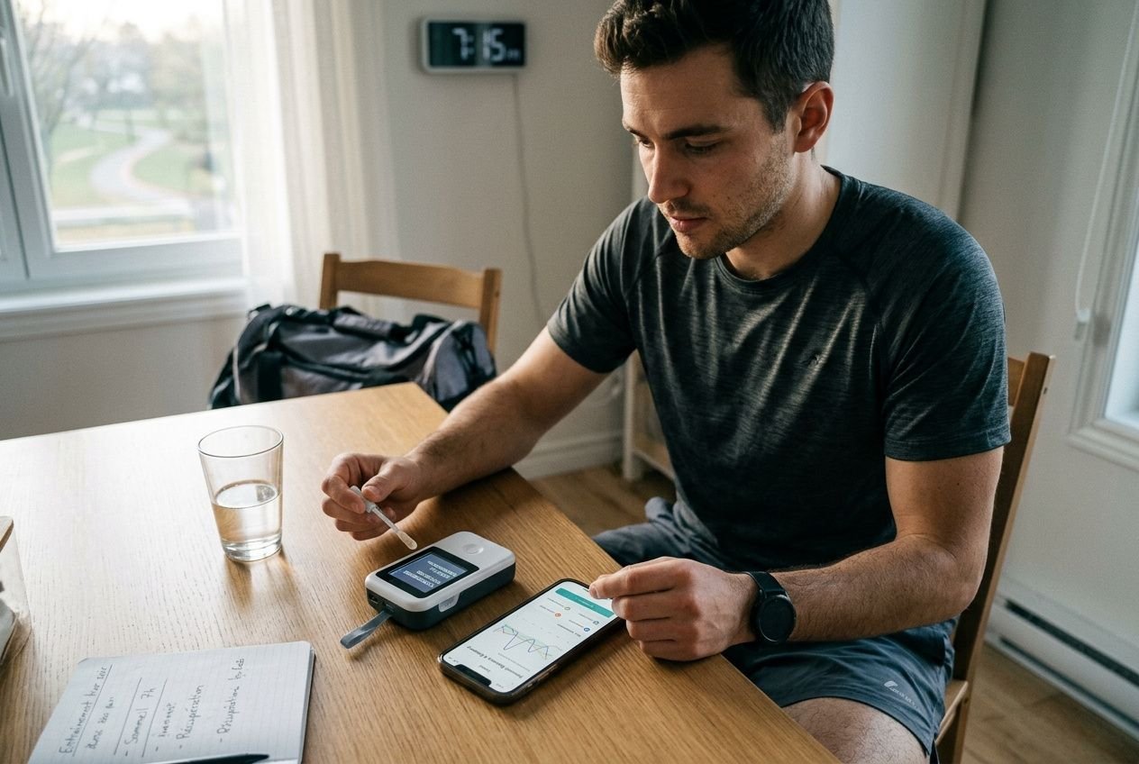 Homme mesurant sa glycémie et utilisant un moniteur de sport, à domicile, autour d’un repas. manque de sommeil conséquences sport évoqués.