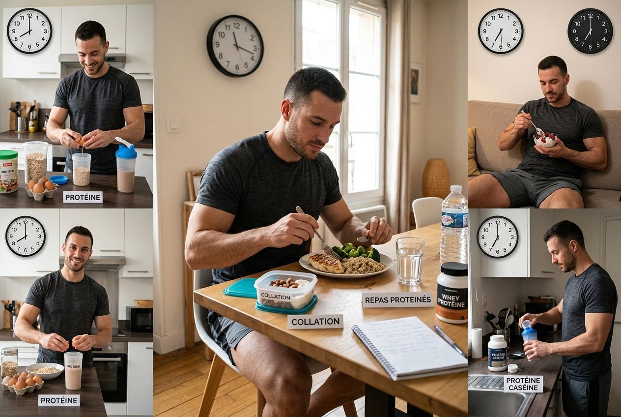 Homme musclé déguste repas protéiné à domicile, collage table avec étiquettes “Repas protéines”, “Collation”, “Protéine” et “Whey protein” dans un cadre cuisine.