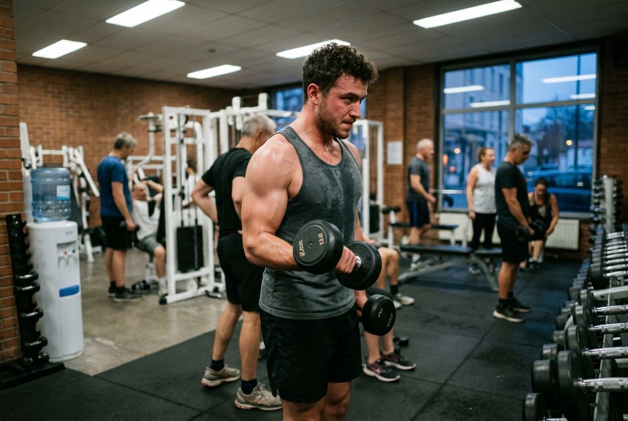 Homme musclé effectuant un curl avec haltères dans une salle de musculation, entouré d'autres participants en arrière-plan. prise de masse musculaire débutant.