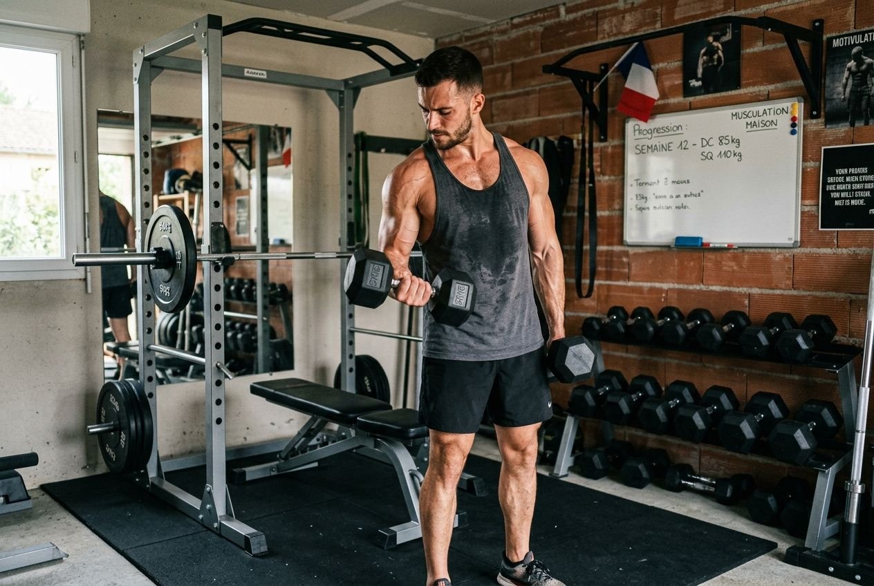 Homme musclé effectuant un curl avec haltères dans une salle de sport à domicile, entouré d’outils de musculation et d’un tableau de progression. programme musculation maison débutant intégré.