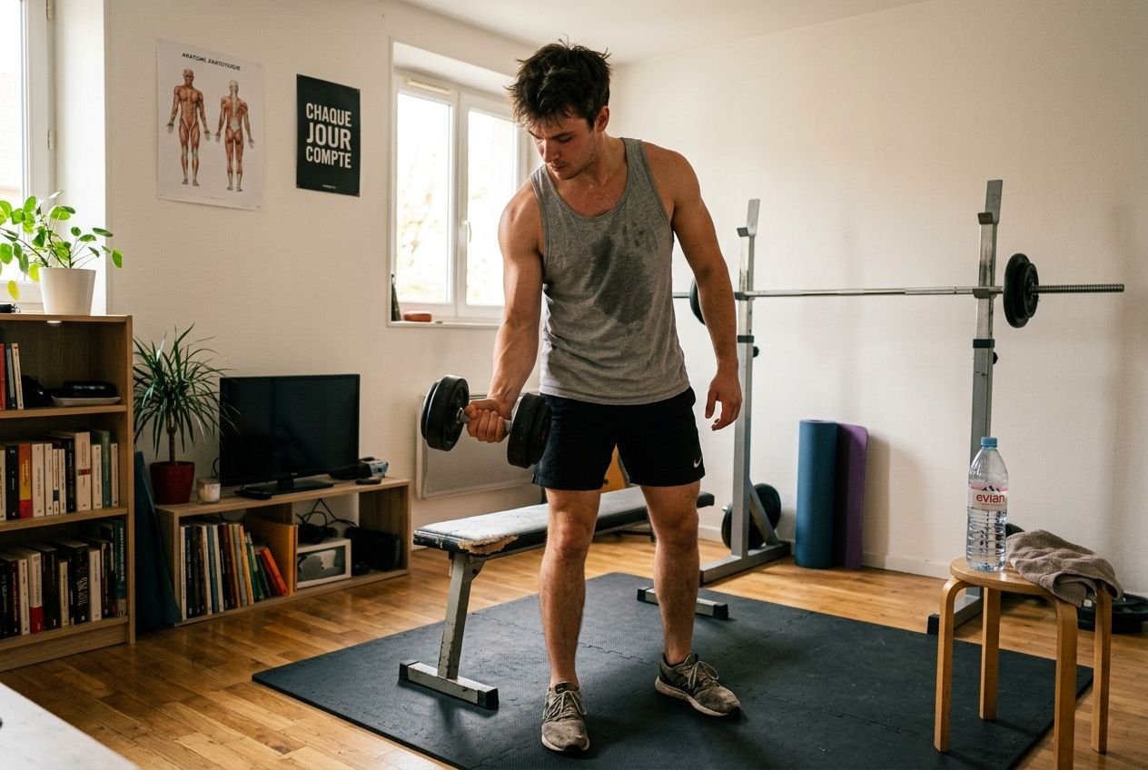 Homme en salle de sport à domicile effectuant un curl avec haltère, épaules dégagées, tapis de sol, matériel de musculation et étagères en arrière-plan. Programme musculation maison débutant.