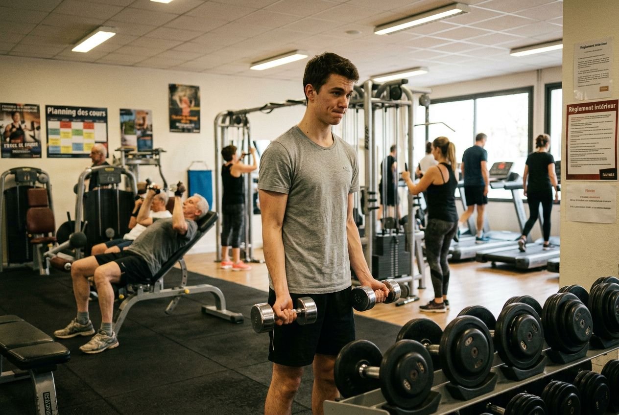 Homme en salle de sport débutant en train de faire des curls avec haltères, autres athlètes s’entraînant sur machines et tapis de sol. Programme musculation en salle débutant.