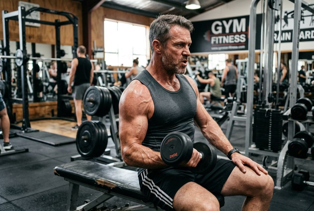 Homme sportif d’âge moyen, entraîné, lors d’un entraînement de musculation en salle; il fait des curls avec haltères sur un banc, entouré de matériel et d’autres pratiquants. prise de masse musculaire après 40 ans.