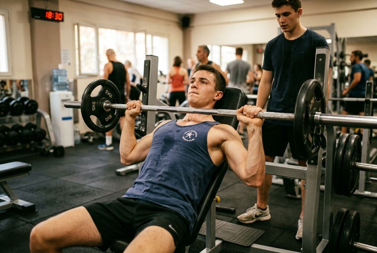 Homme en train de faire un développé couché avec barre au poids lors d’un programme prise de masse musculaire débutant, dans une salle de sport.
