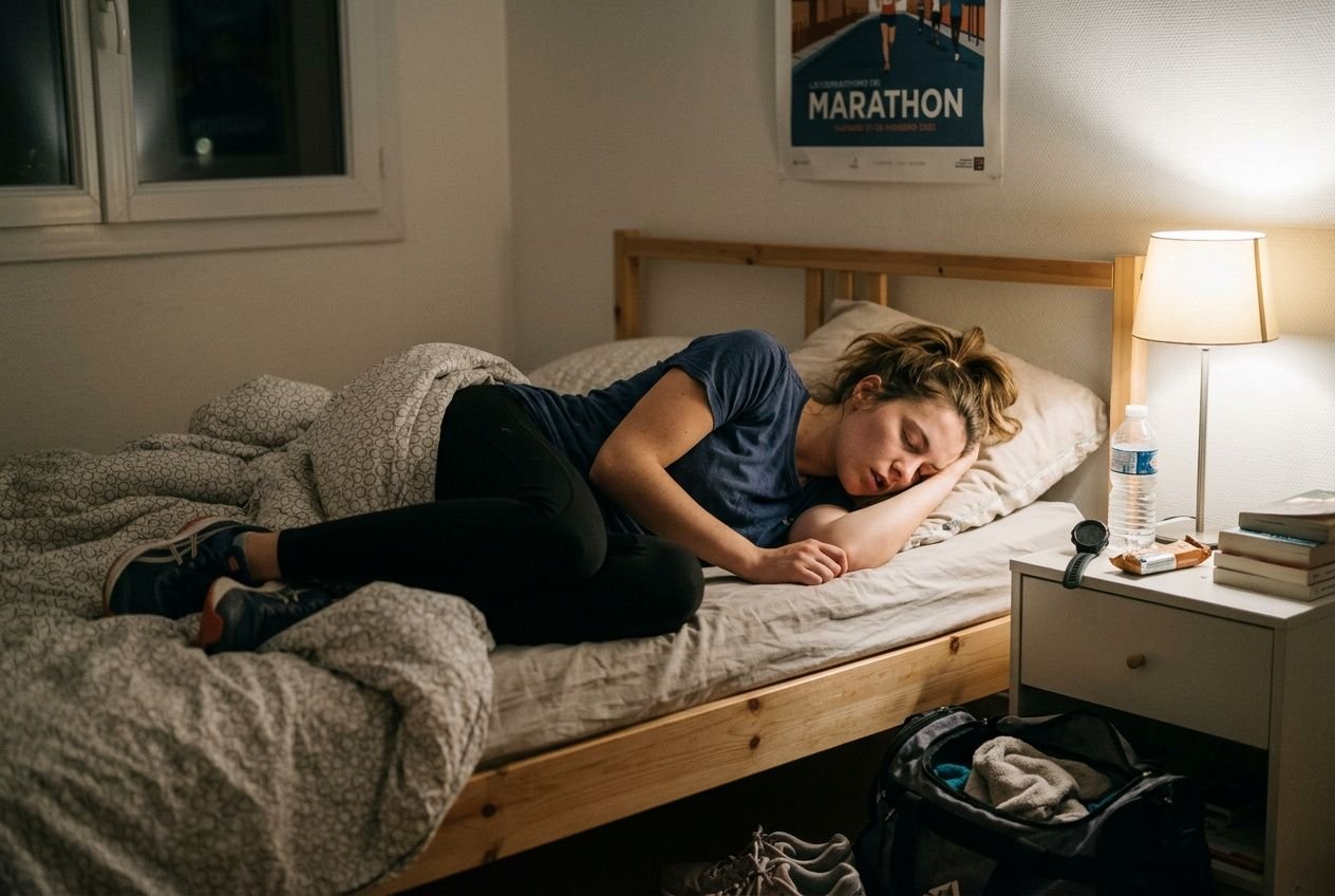 Jeune femme dorment dans un lit simple, côté de la table de chevet avec lampe et eau, après une séance sportive intense. Trop de sport sommeil.