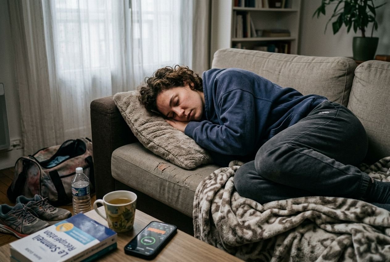 Jeune homme endormi sur canapé, épuisé après une séance sportive, avec smoothie et matériel d’entraînement autour et téléphone montrant notifications. Trop de sport sommeil.