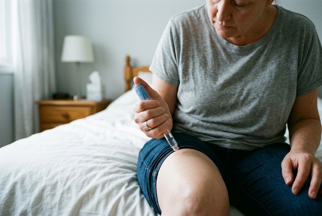 Personne âgée se faisant une injection sous-cension dans le creux du genou, assise sur le lit à domicile. Ozempic perte de poids.