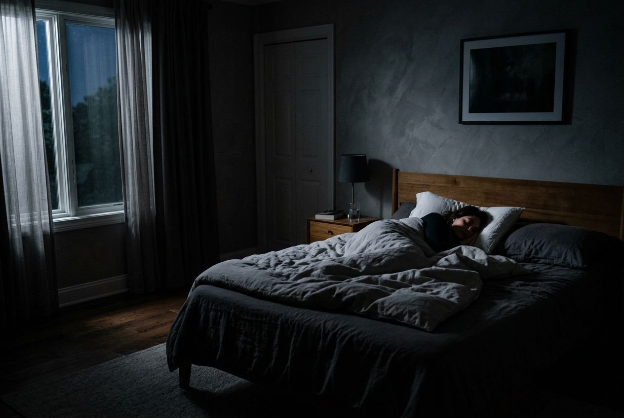 Personne dormant paisiblement dans un lit douillet, ambiance sombre et nuit née; la pièce est calme avec lumière naturelle faible par la fenêtre. sommeill profond comment faire intégré naturellement dans la description.