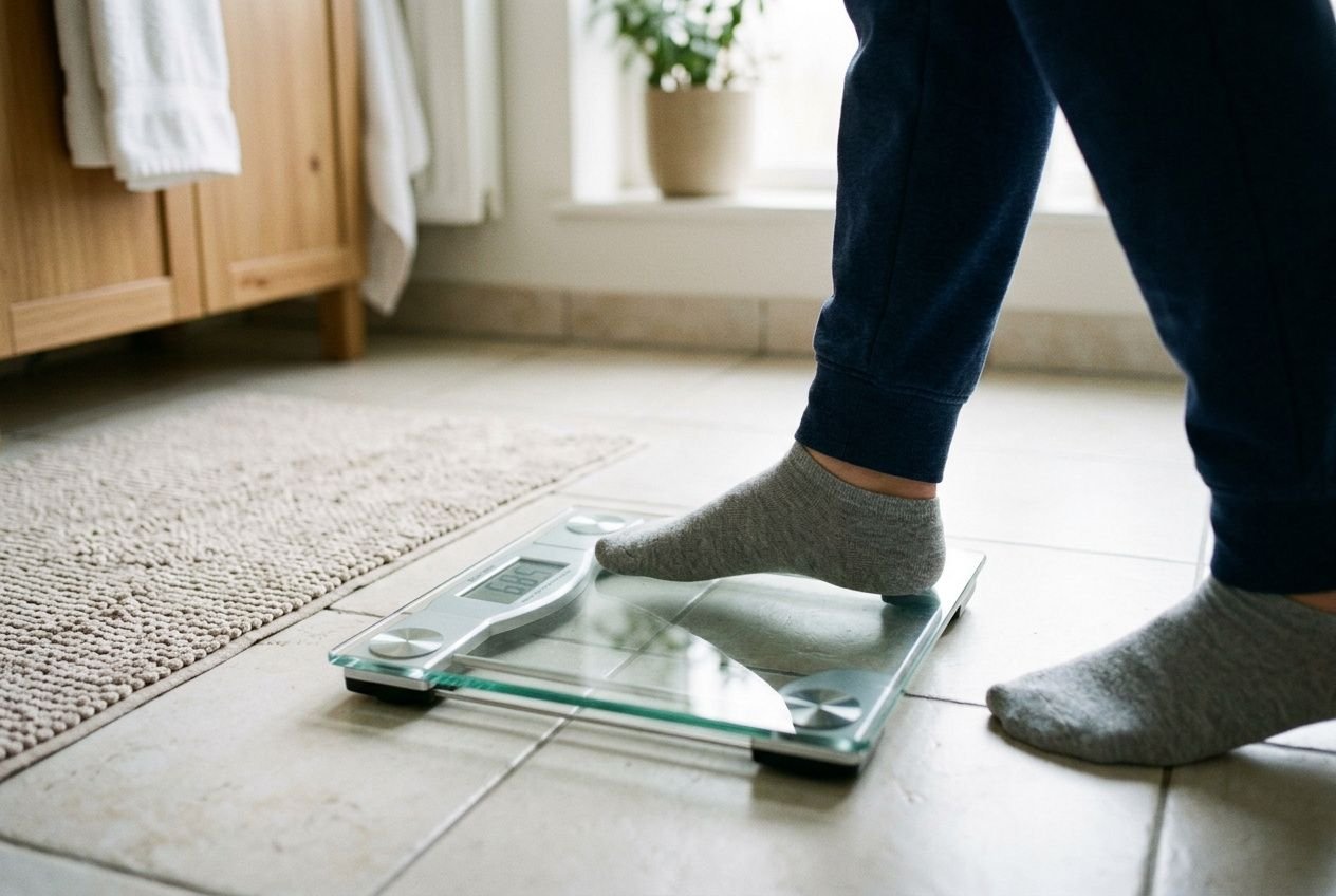 Personne pieds nus sur une balance digitale dans la salle de bains, pesant le poids corporel. en combien de temps perdre du poids?