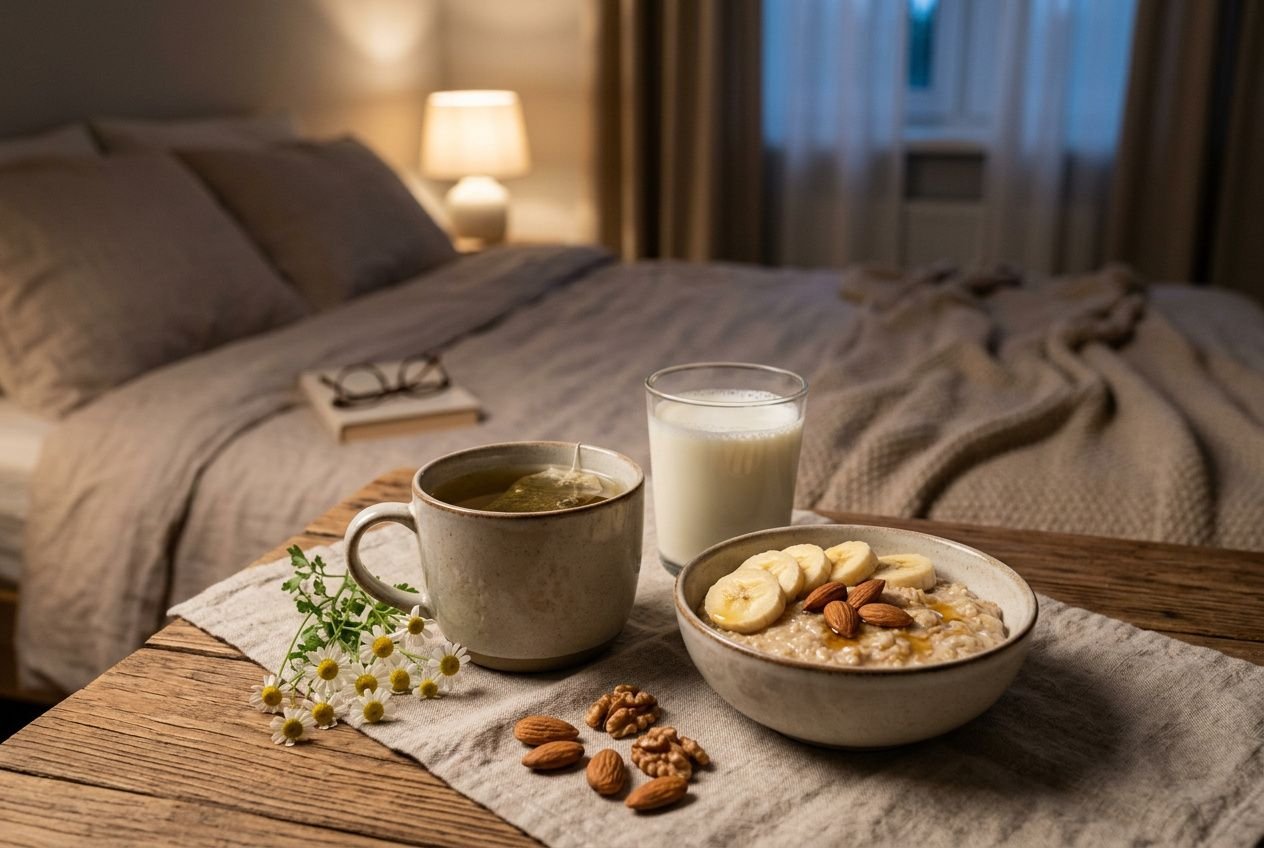 Petit-déjeuner ou repas léger près du lit: bol de porridge Garnished de bananes et amandes, tasse de thé, lait et amandes sur une table en bois, ambiance chambre cosy pour un sommeil réparateur conseils.