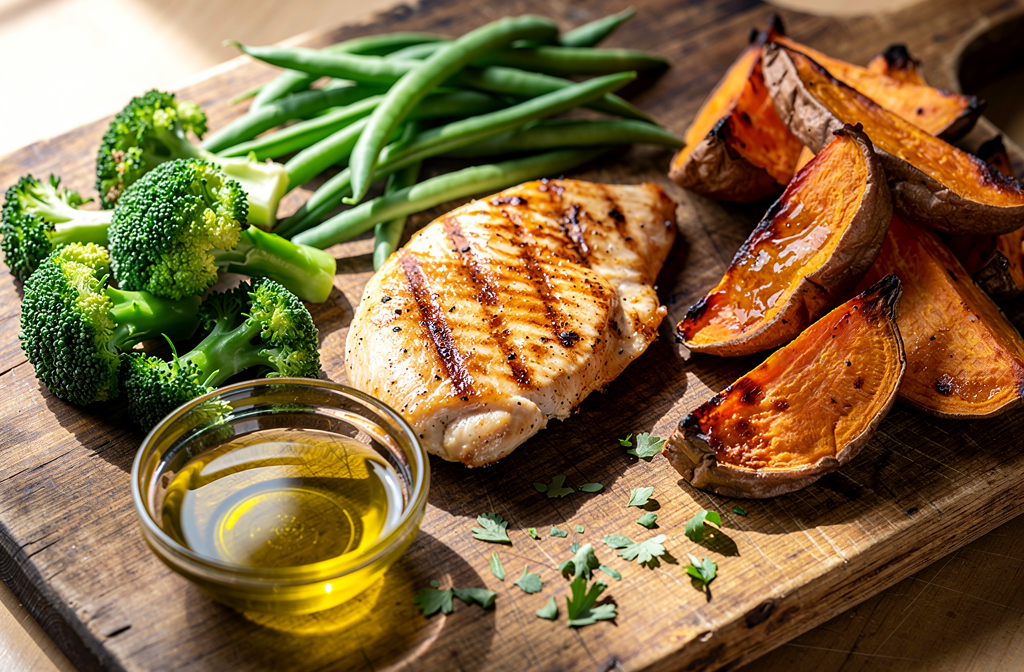 Poulet grillé accompagné de brocolis et haricots verts, avec des quartiers de patates douces rôties et une petite coupelle d’huile d’olive sur planche en bois. Poulet grillé accompagné de brocolis et haricots verts, avec des quartiers de patates douces rôties et une petite coupelle d’huile d’olive sur planche en bois.