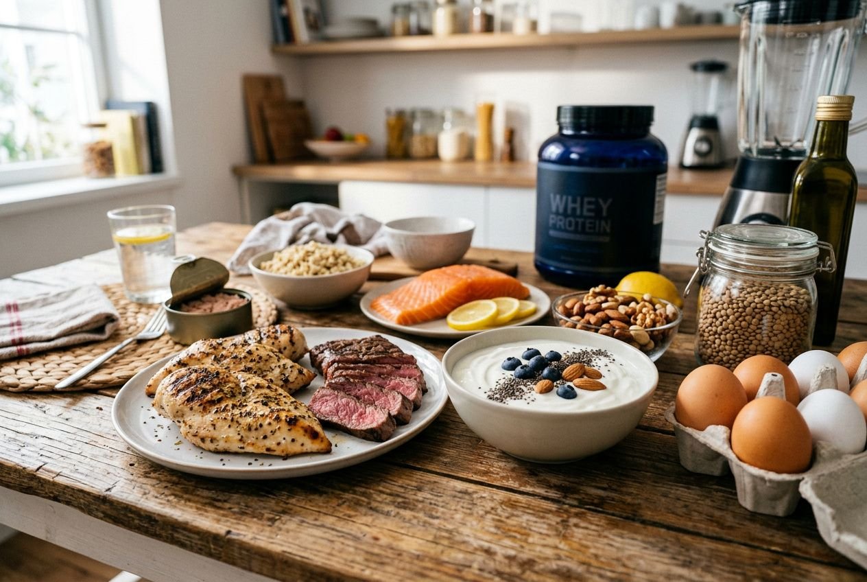 Repas équilibré et protéiné sur une table: poulet, poisson, yaourt, œufs, céréales, fruits, noix, légumineuses et protéines en poudre pour soutenir la prise de masse musculaire. Combien de protéines pour prise de masse musculaire.