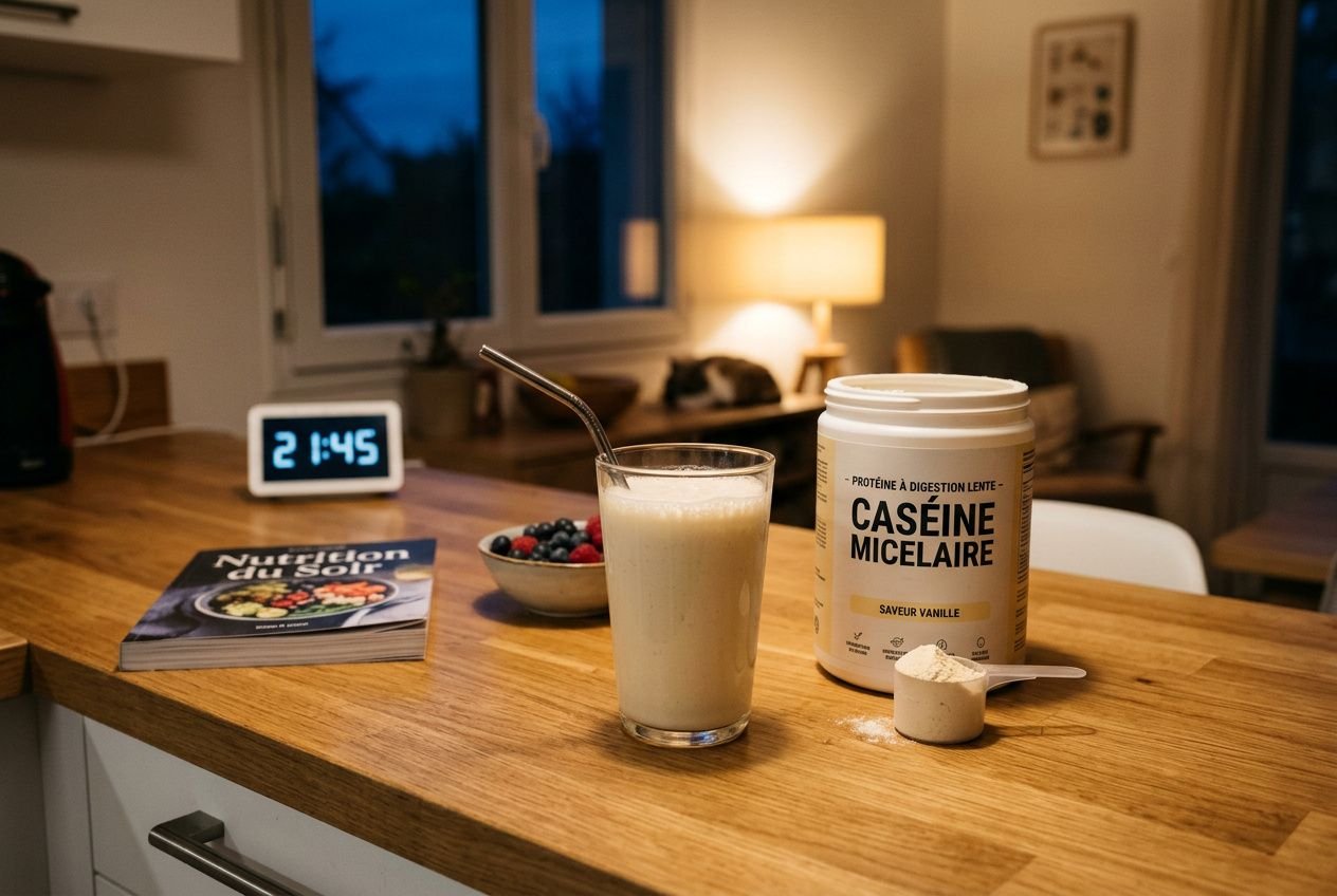 Smoothie protéiné et poudre de caséine sur le comptoir, avec bol de fruits, livre de nutrition et réveil montrant 21:45. Intègre le thème "que manger le soir pour prendre du muscle".