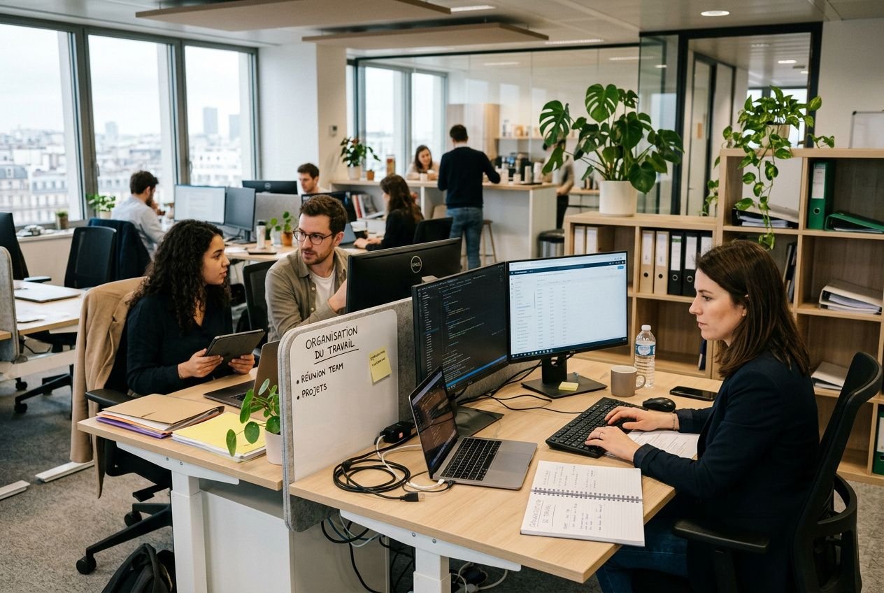 Vision d’un open-space moderne avec plusieurs collaborateurs autour d’un poste de travail partagé; ambiance active et lumineuse, plantes vertes et ordinateurs. Intégration naturelle du mot-clé: comment gérer le stress au travail dans la description lorsque pertinent.