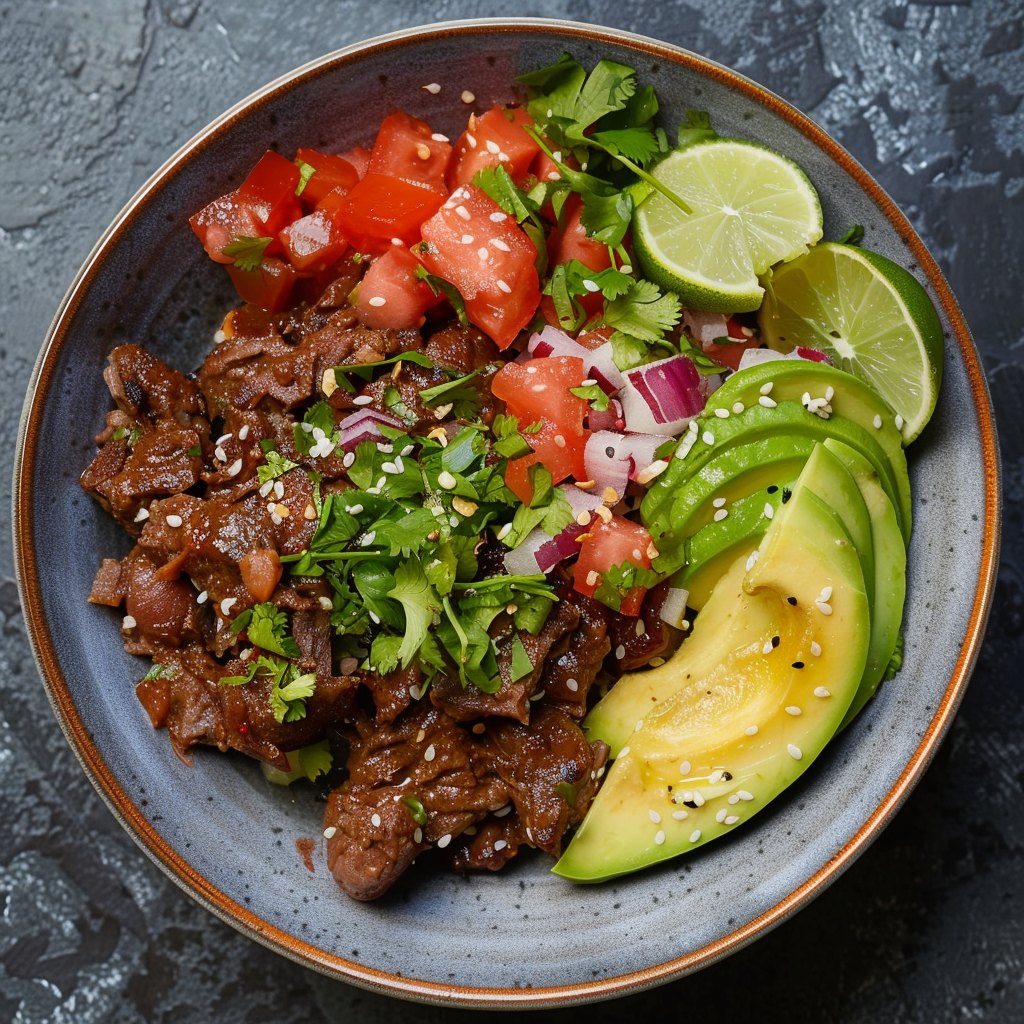 B&oelig;uf saut&eacute;, tomates et avocat